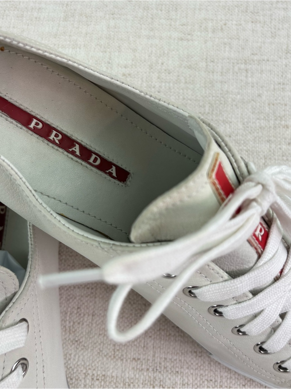 Prada women's size 38.5 White Leather low top Sneakers with Red Stripe Detail - Picture 3 of 16